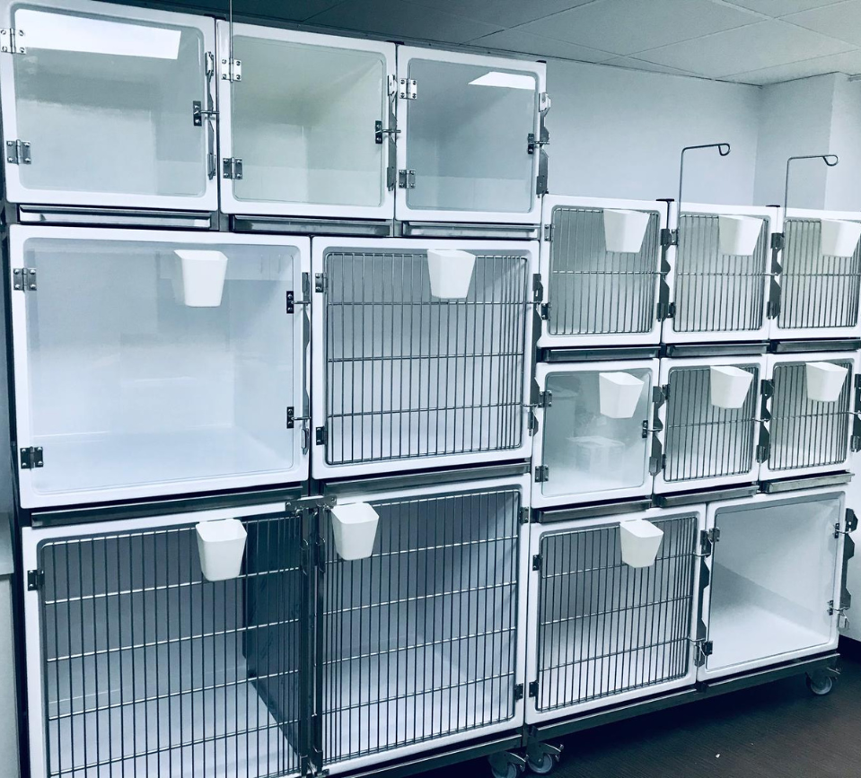 A collection of veterinary cages stacked on top of each other in a veterinary practice